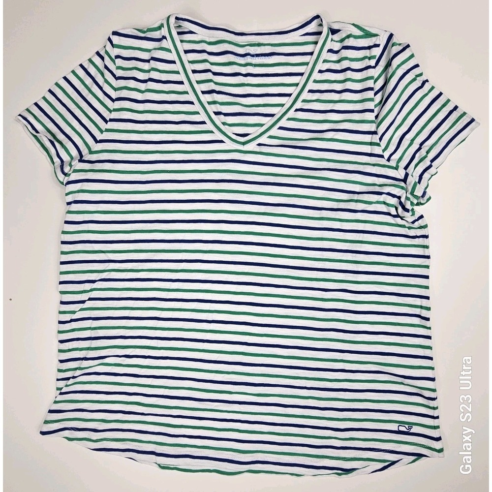 Vineyard Vines T-Shirt Women's Large Blue Green White Striped V Neck Short Sleev